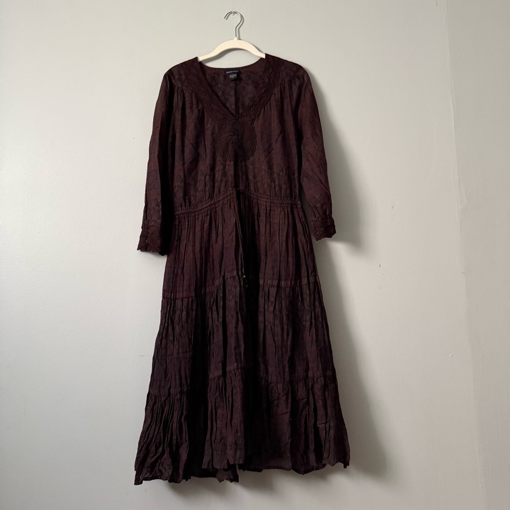 BOSTON PROPER BROWN CROCHET TIERED PRAIRIE DRESS